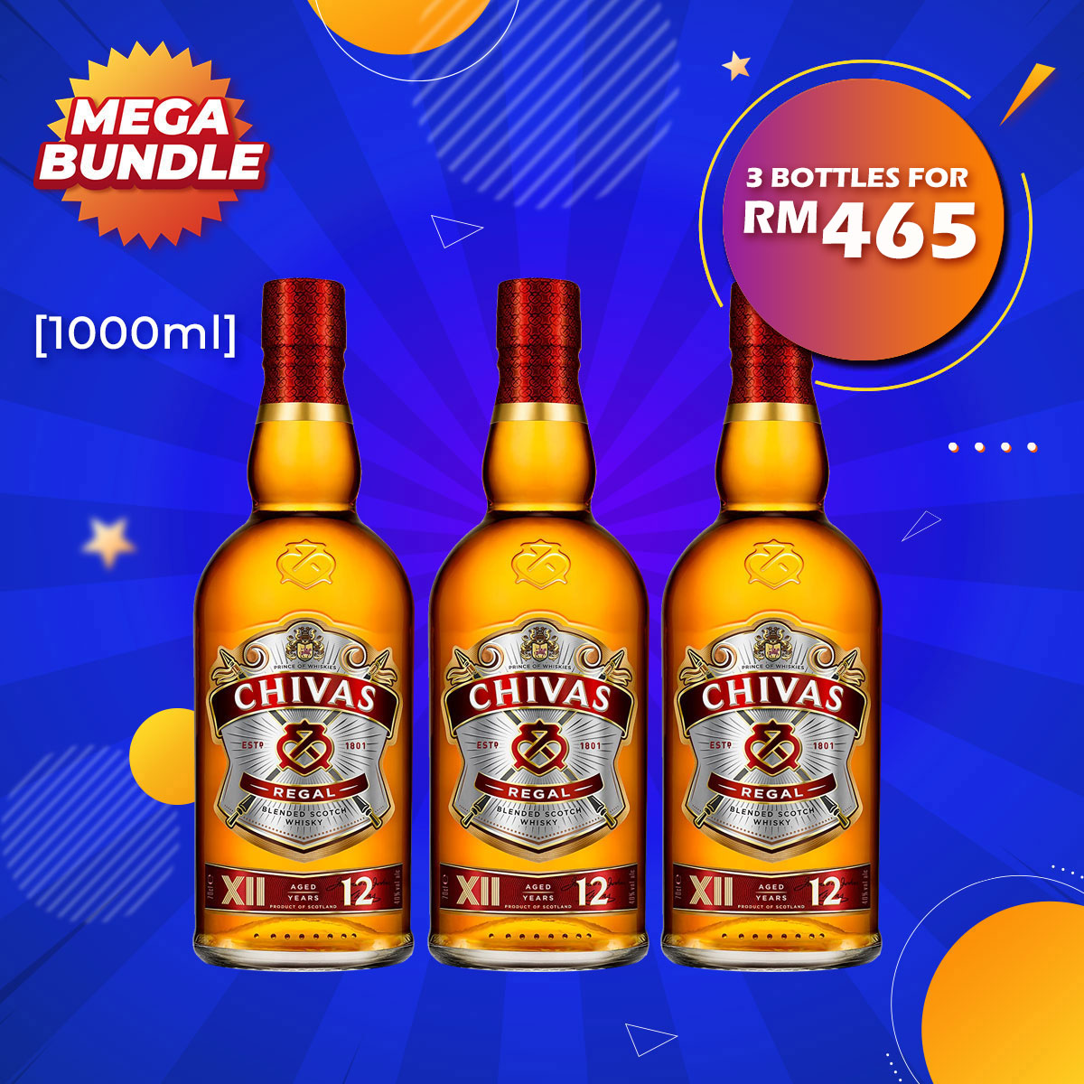 Mega big bundle - chivas regal 12 years blended scotch [1000ml] x 3