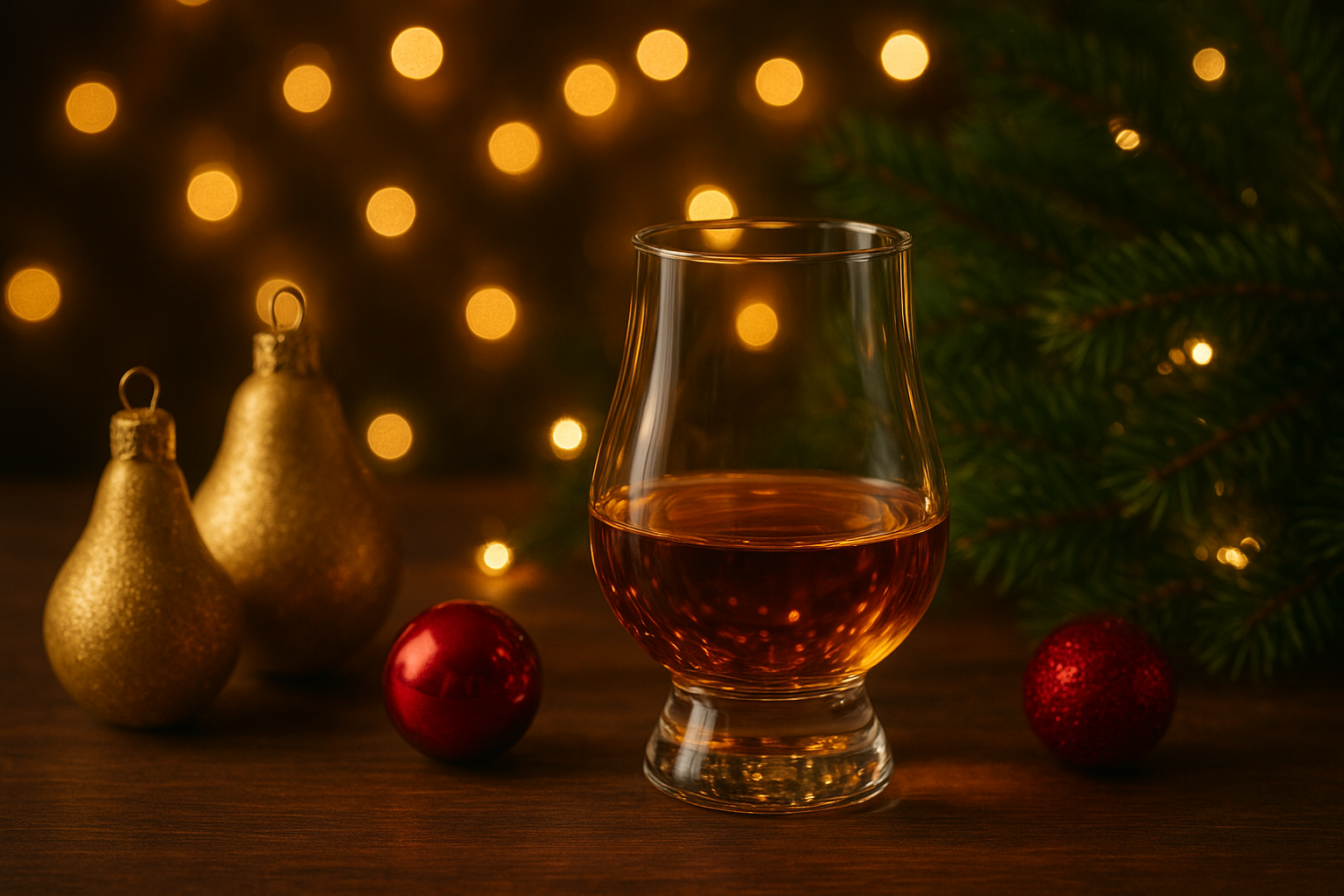 Whisky glass with christmas ornaments