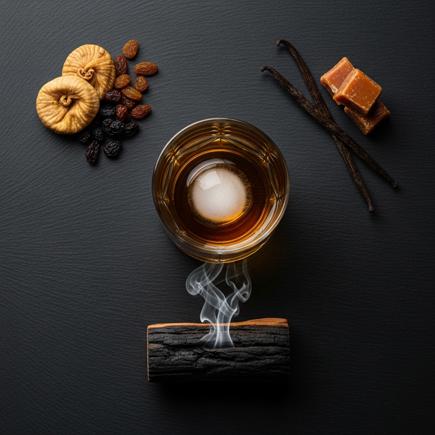 To visually explain the concept of whisky complexity by showing a glass of whisky surrounded by the ingredients that represent its layered flavor profile (e. G. , sherry, bourbon, and peat influences).