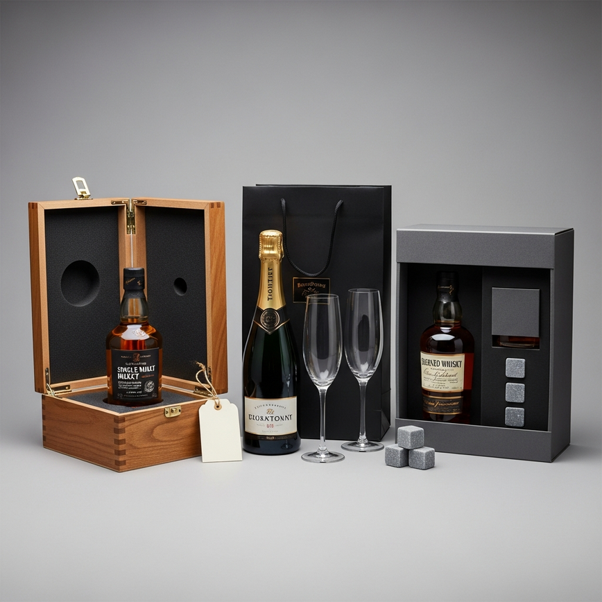 Three different customized corporate liquor gift packages, including a whisky in a wooden box, champagne with flutes, and a whisky gift set, showcasing variety.