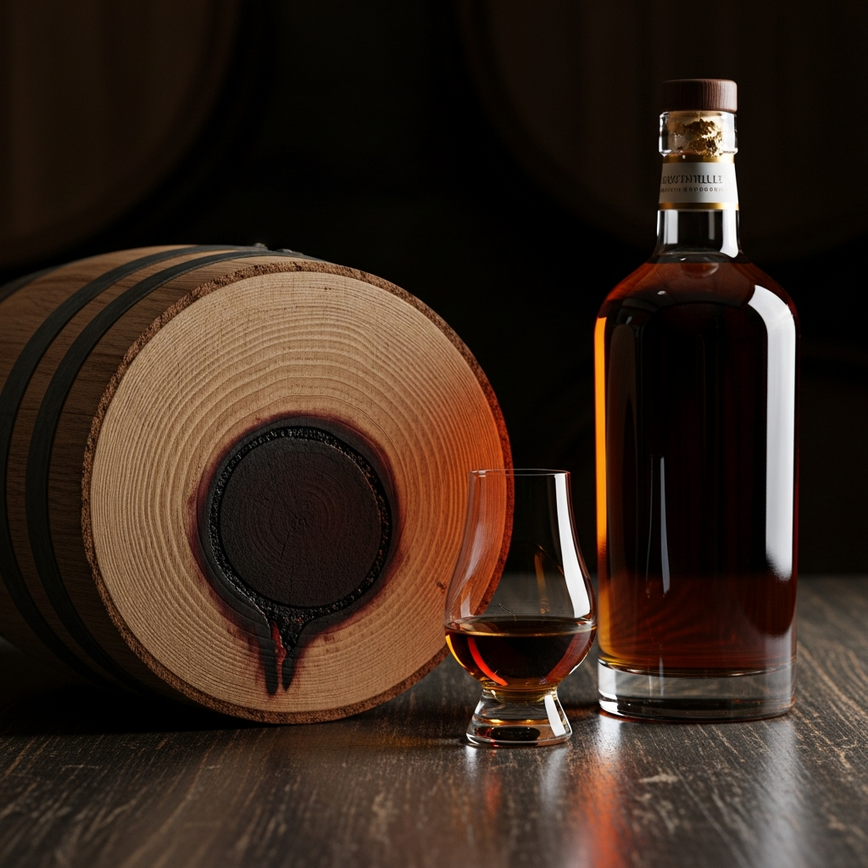 To visually illustrate the concept of whisky being finished in french wine casks, showing the connection between the oak, the wine, and the final spirit.