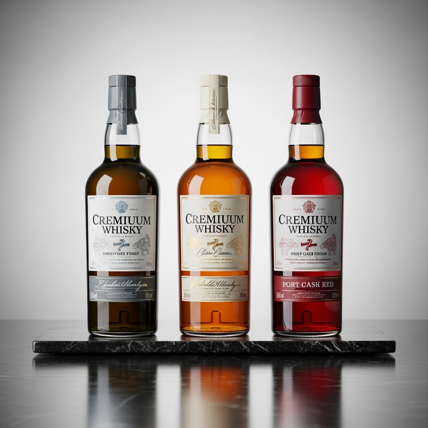 To visually showcase the different timah whiskey variants mentioned in the article (double peated, single malt, port cask) in a clear, comparative lineup.