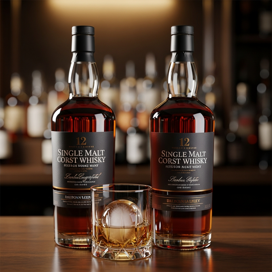 To visually represent the 'whisky enthusiast bundles' and 'classic whisky duo' by showcasing two premium whisky bottles in a classic, refined setting.