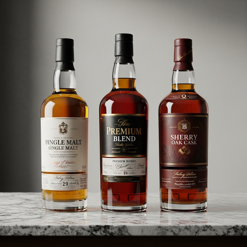 To visually represent the variety and premium quality of whisky collections suitable for chinese new year gifting, emphasizing their auspicious golden and amber colors.