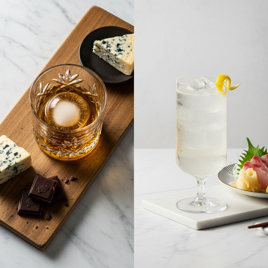 To showcase the contrasting flavor profiles and typical serving suggestions for scotch and japanese whisky, appealing to malaysian food pairing ideas.