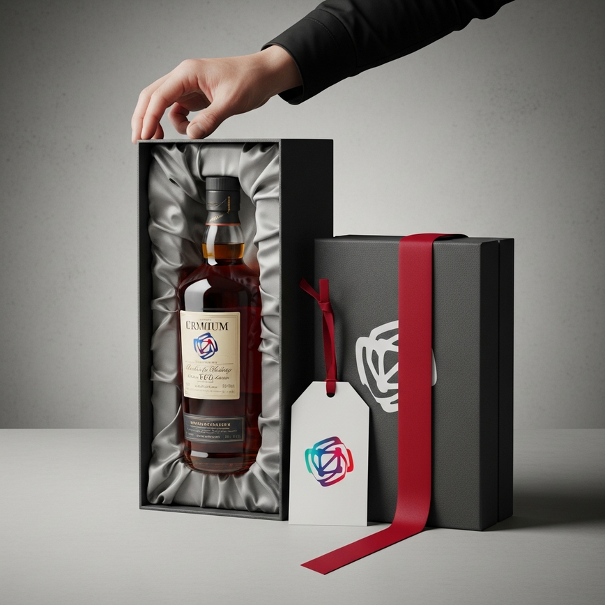 To visually represent the 'professional packaging solutions' section, focusing on custom branding and premium presentation for corporate gifts.