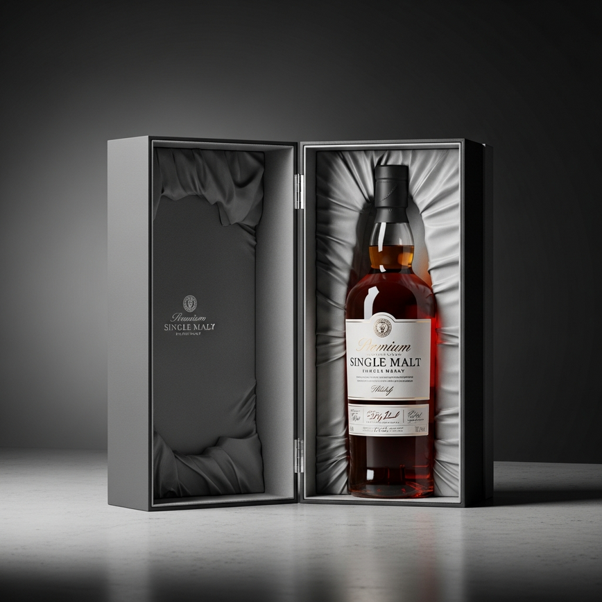 To illustrate the 'mid-range premium gifts (rm400-800)' section, which is a key category for corporate gifting, showcasing a single bottle in a professional and impressive presentation.