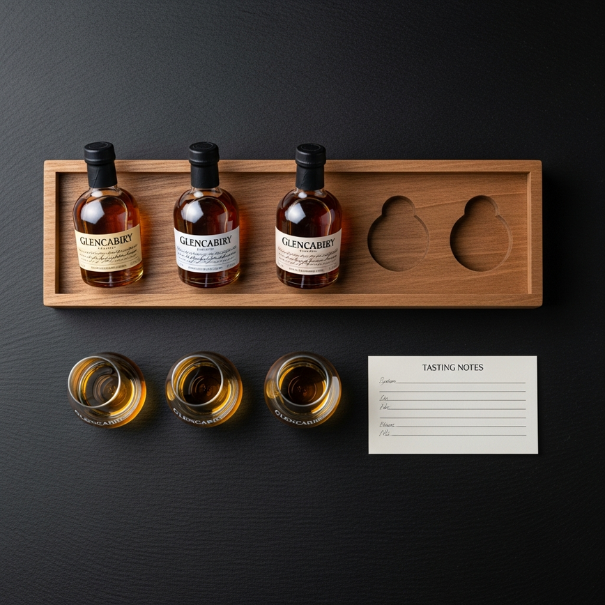 To visually represent the 'whisky gift sets & bundles' section, showcasing a curated tasting experience that offers variety and value.