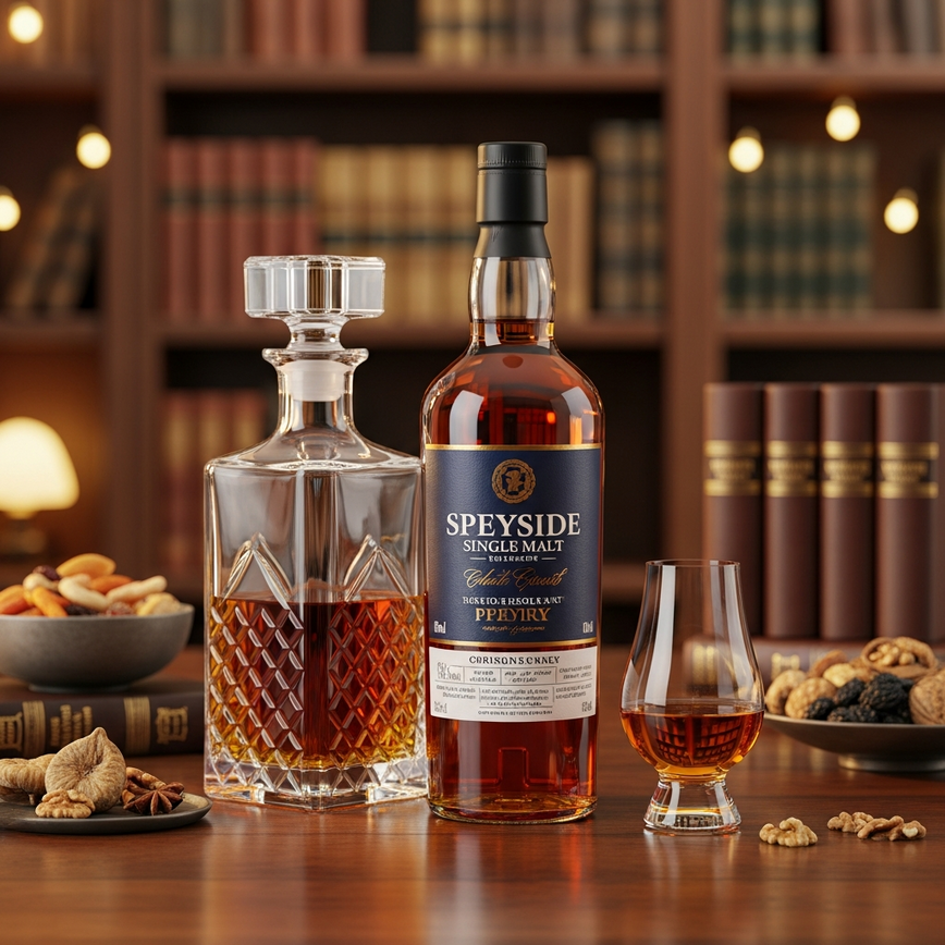 To visually represent the elegant, complex, and luxurious character of speyside whisky, often described as 'christmas cake in a glass'.