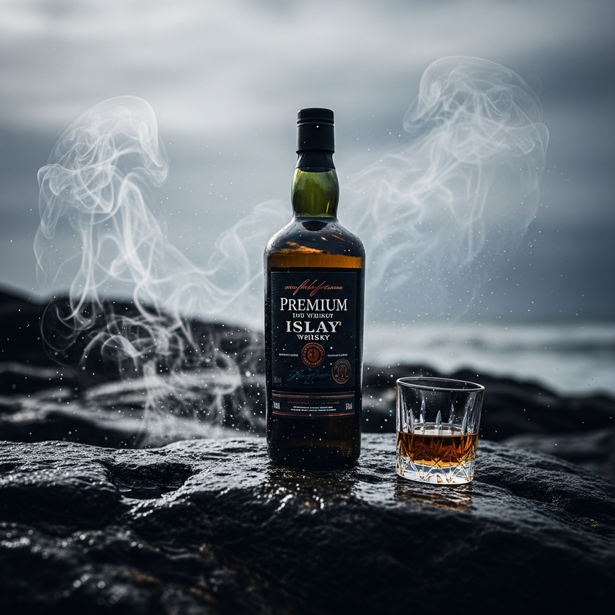 To illustrate the intense, smoky, and maritime character of islay whisky, visually capturing the 'peat monster' description.