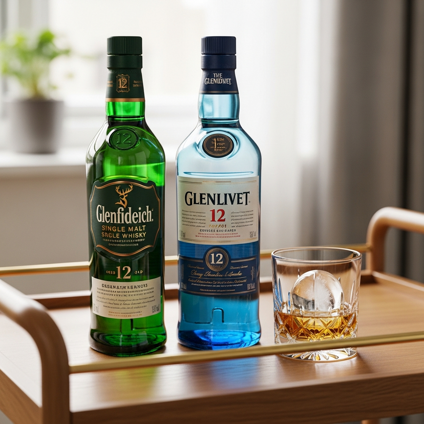 To visually represent 'tier 1: entry level (rm150-250)', showing accessible and popular 12-year-old whiskies in a casual, welcoming home bar setting.