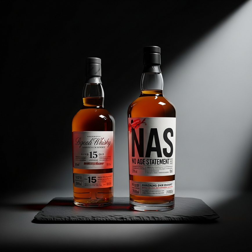 To illustrate the article's key argument that 'age doesn't always equal quality' by contrasting a modern no age statement (nas) bottle with a traditional age-stated bottle.