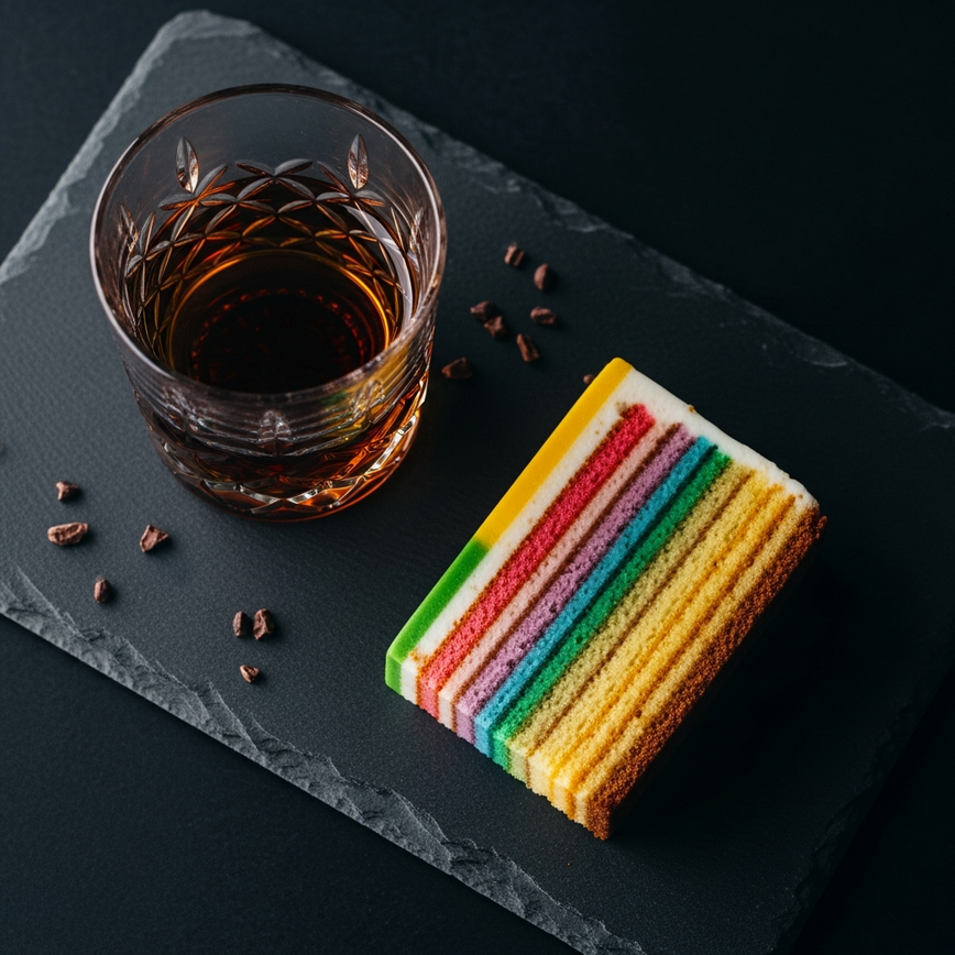 To illustrate the unique malaysian dessert pairing concept, connecting the rich texture of whisky with the familiar richness of a local delicacy, kek lapis sarawak.