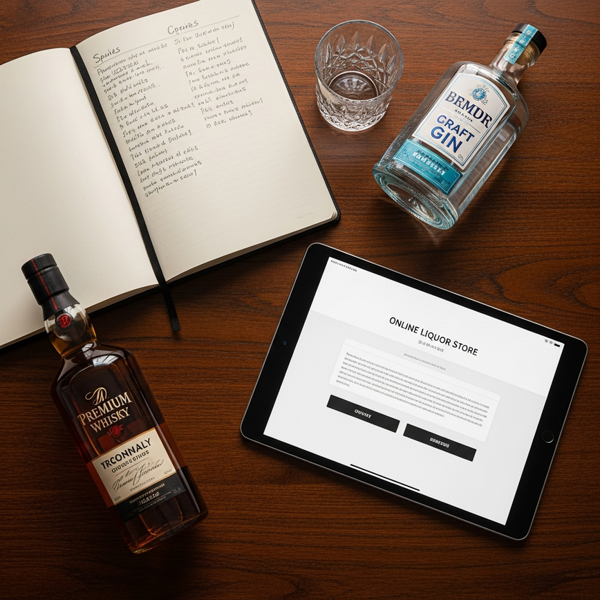 To visually represent the 'diy premium spirits selection' concept, showing the personal research and curation process involved in handpicking individual bottles.