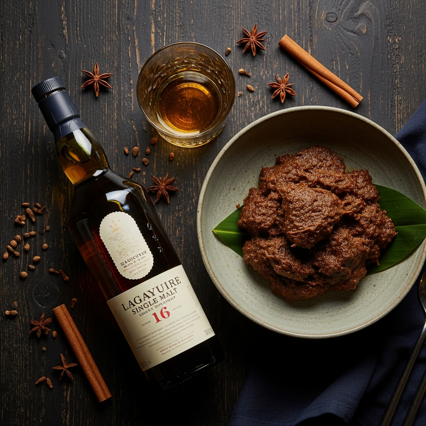 To illustrate the specific malaysian food pairing of a long-finish whisky (lagavulin) with a rich local dish (beef rendang), highlighting a key cultural point.