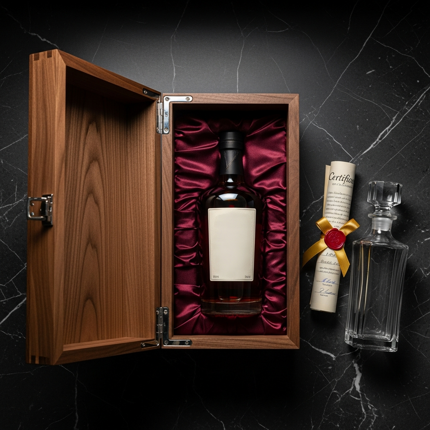 To visually illustrate the 'packaging' pillar of ultra-premium whisky, showing the box, certificate, and overall presentation that adds to the value and experience.