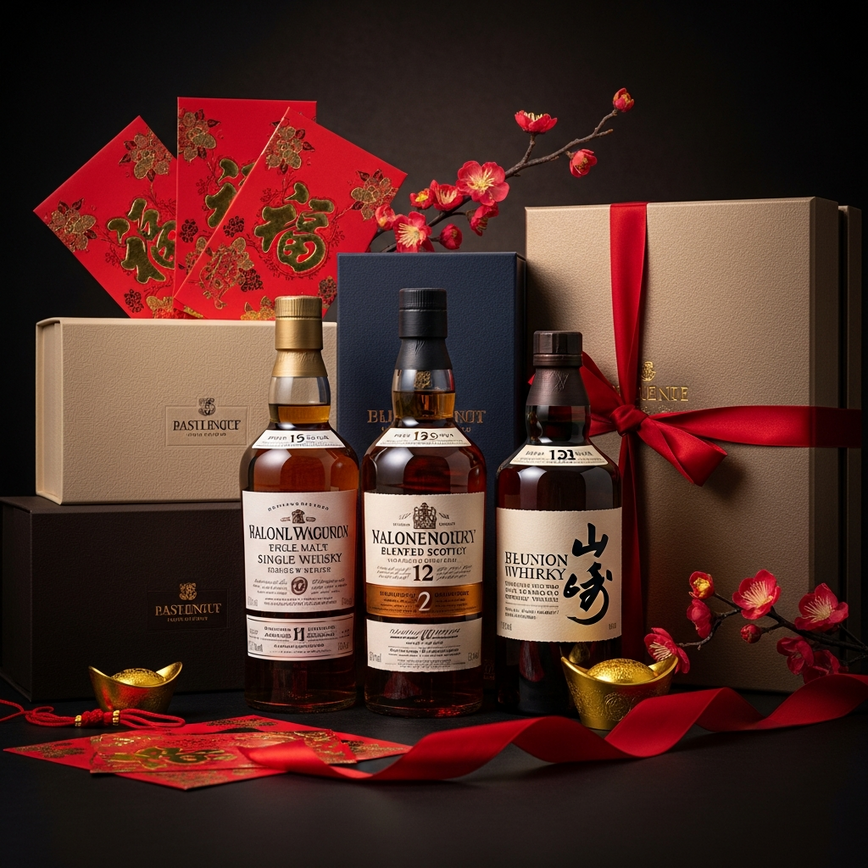 To visually represent the 'cny gift bundles for corporate clients' section, highlighting premium whisky collections with auspicious chinese new year decorations.