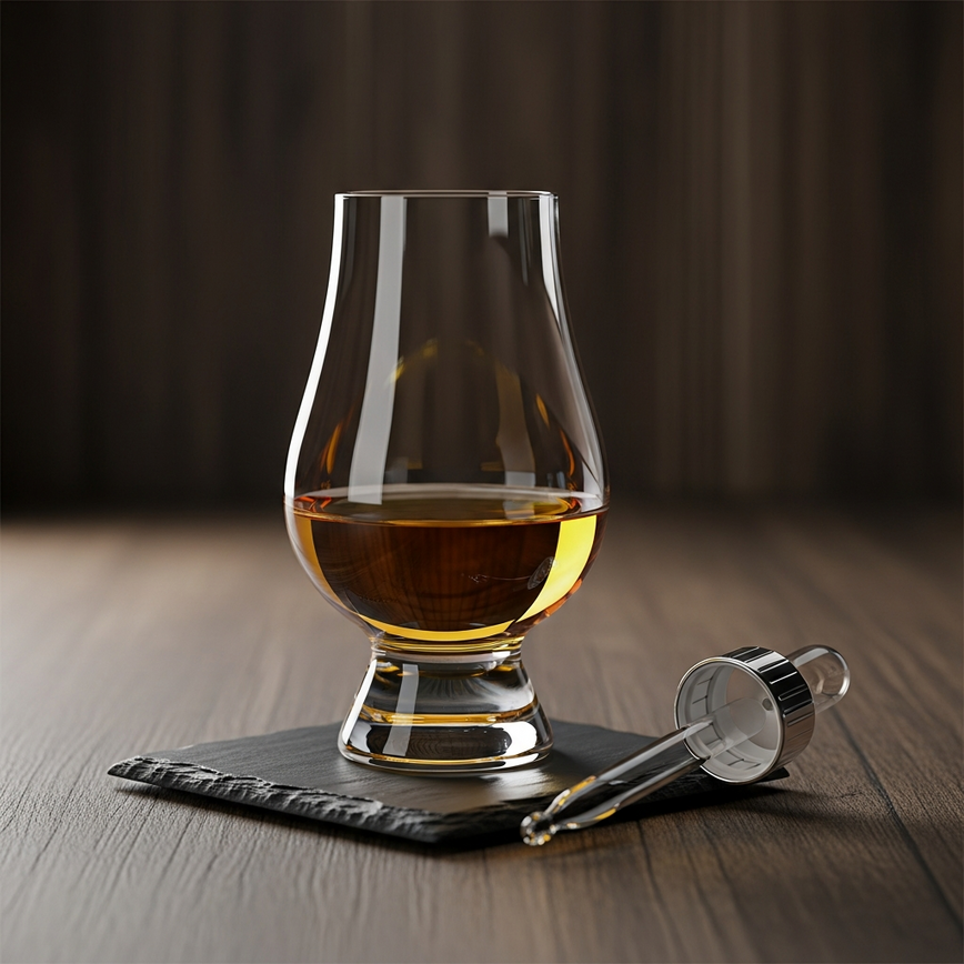To visually illustrate the section on professional tasting techniques, focusing on the importance of proper glassware like the glencairn glass.