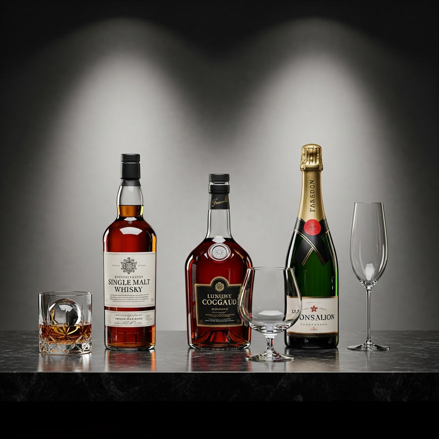 To visually represent the top categories of liquor gifts discussed in the article: single malt whisky, cognac, and champagne.