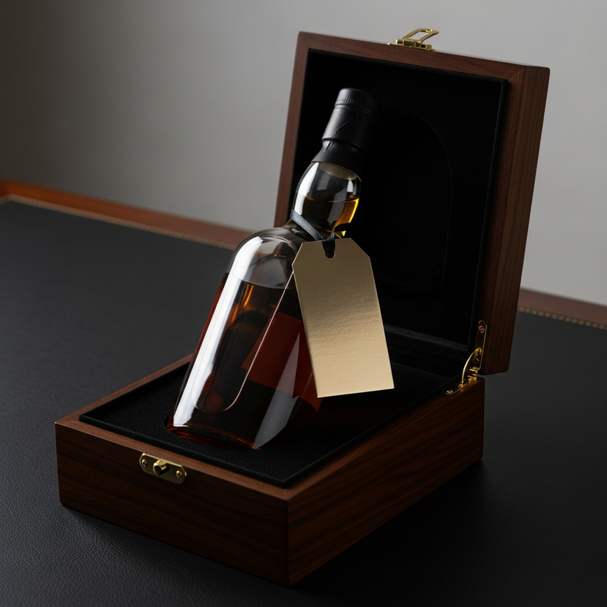 To illustrate the concept of high-value corporate gifting, showcasing a single premium spirit in professional, executive-level packaging.