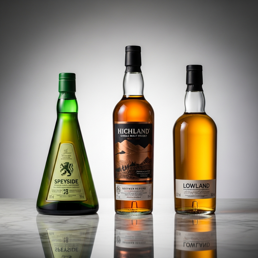 To visually explain the concept of different whisky regions by showing a variety of bottle shapes and colors, helping beginners understand the diversity of single malt scotch.