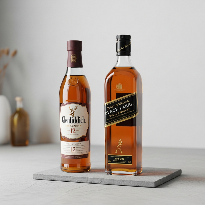 To visually represent the 'budget-friendly gifts (rm150 – rm300)' category, showcasing high-quality, accessible premium whiskies like glenfiddich 12 and johnnie walker black label.