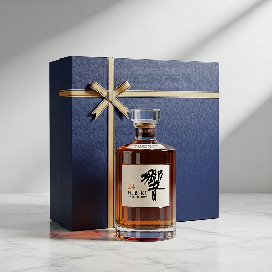 To illustrate the gifting aspect of japanese whisky, highlighting the elegant hibiki harmony bottle which the article mentions is a stunning and thoughtful gift.