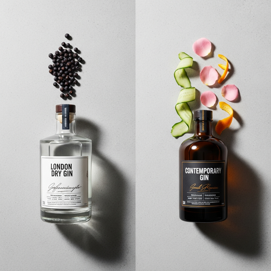 To visually distinguish between the two primary gin categories discussed in the article: the juniper-forward london dry and the botanical-focused contemporary style.