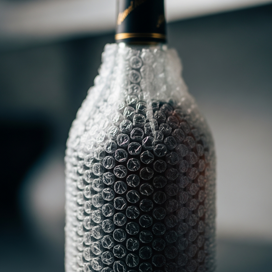 To visually demonstrate the 'primary bottle protection' step, focusing on the high-quality, reinforced bubble wrap used to safeguard each bottle.