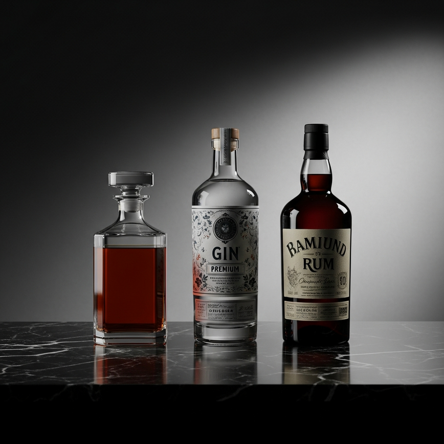 To illustrate the personalized recommendation step of the whatsapp ordering process, showcasing a curated selection of different premium spirits as suggested by an expert.