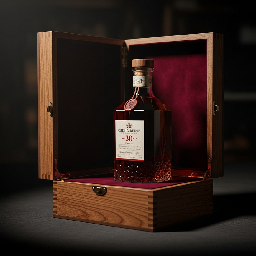 To illustrate the concept of luxury and collectible scotch whisky, featuring a high-end, rare bottle in its premium packaging as described in the article.
