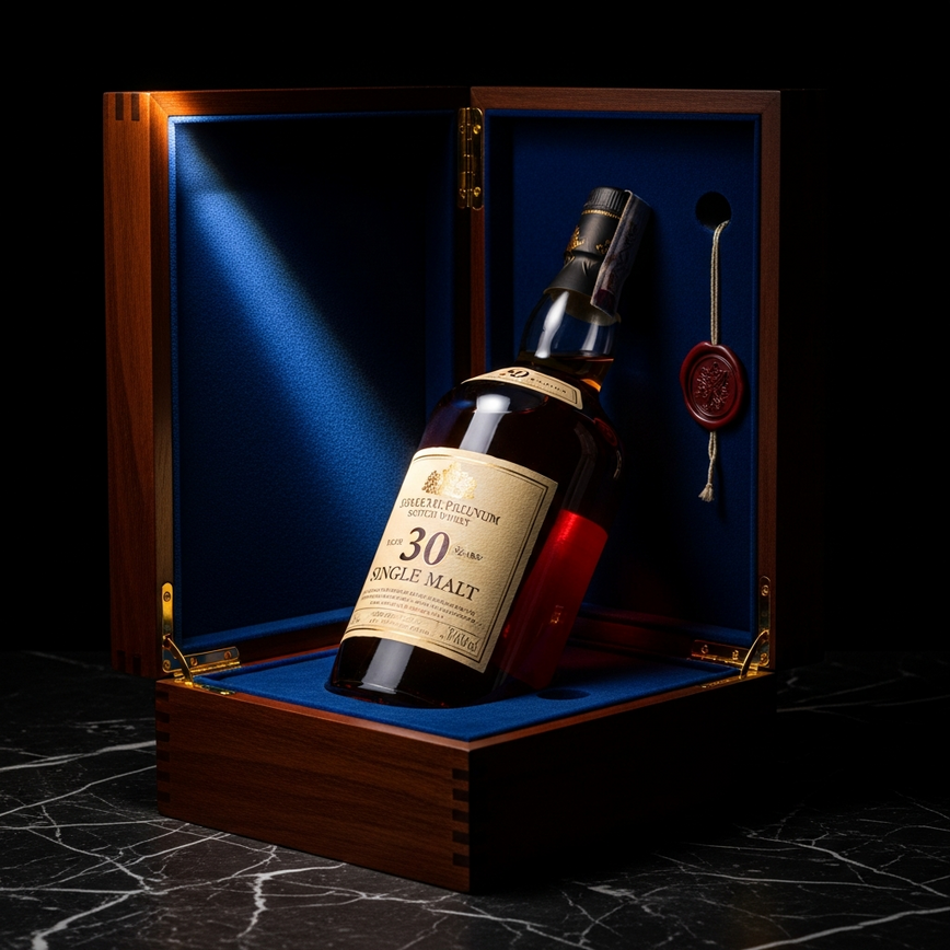 To illustrate the 'luxury & collectible scotch whisky prices (rm2,000+)' section, featuring a high-end, rare bottle in its premium packaging to convey exclusivity and investment value.