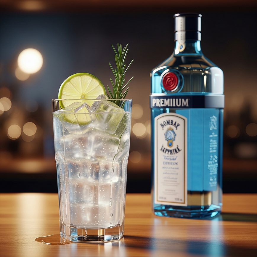 To illustrate the popular 'mid-range premium' category, showing an appealing, high-quality gin & tonic cocktail that represents the best value for money.