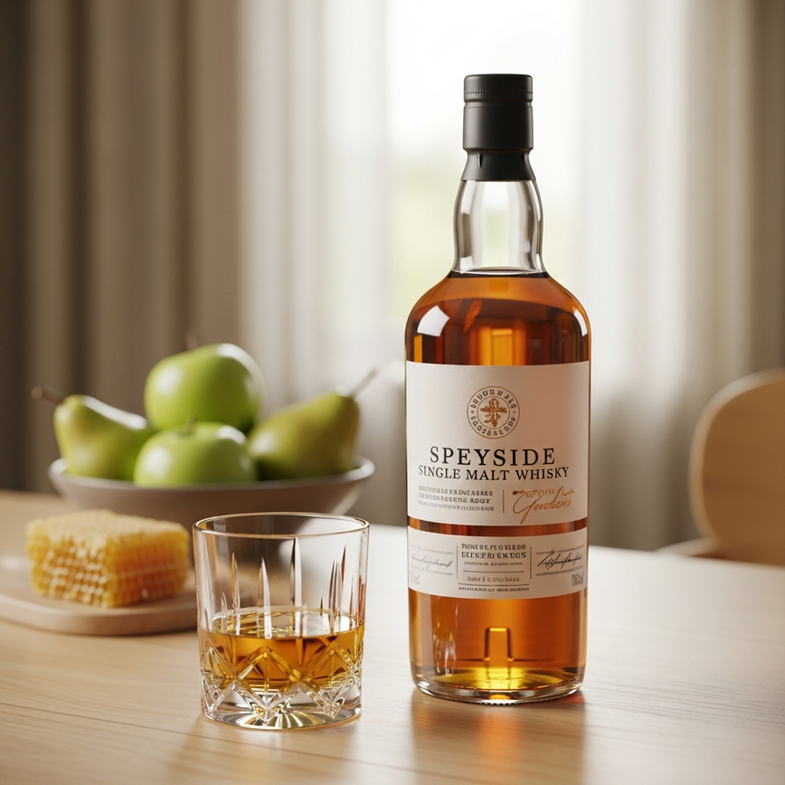 To visually represent the approachable, elegant, and fruit-forward flavor profile of speyside whisky.