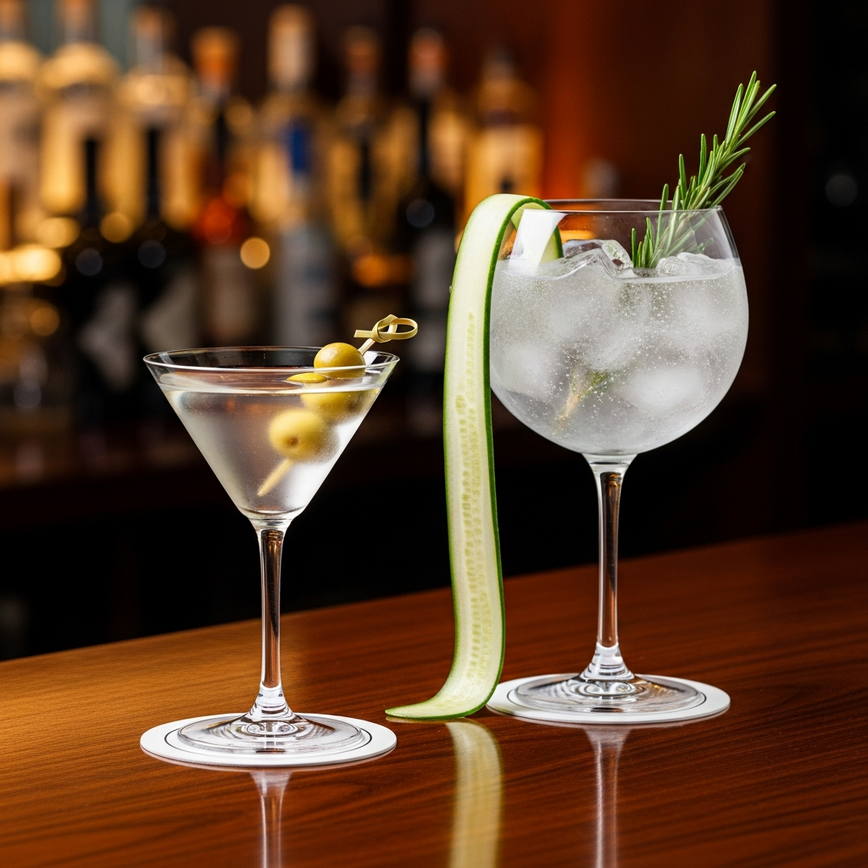 To showcase the different cocktail applications for each gin style, comparing a classic martini (london dry) with a modern, garnished gin & tonic (botanical).