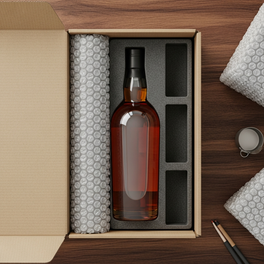 To visually represent the 'professional packaging and handling' section, showcasing the care and security measures taken for each bottle.