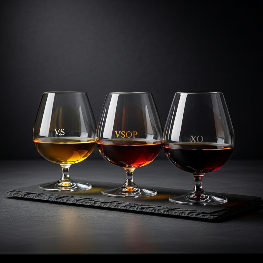 To visually explain the different cognac classifications (vs, vsop, xo) by showing the progression of color that comes with aging.