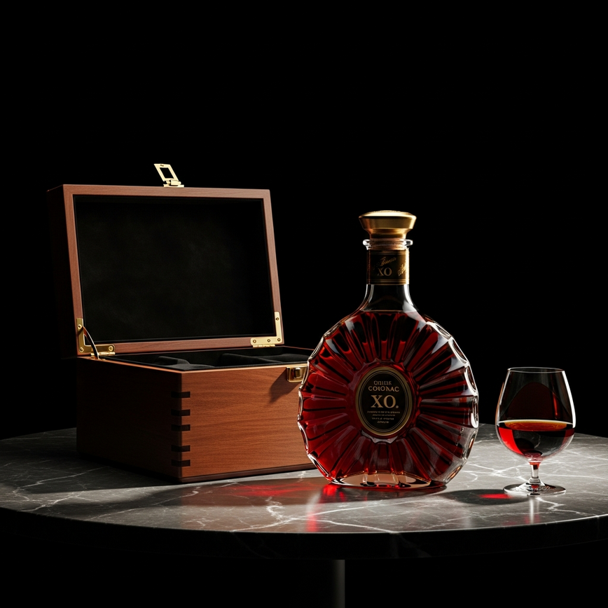 To illustrate the ultra-premium tier of xo cognac, showcasing a single, iconic bottle in a luxurious presentation to justify its higher price point as a luxury experience.