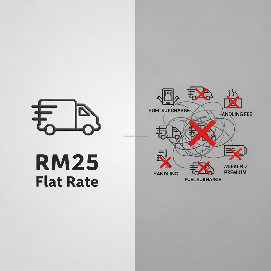 An infographic-style image to visually contrast the simplicity of transparent, flat-rate pricing against the confusion of hidden delivery costs.