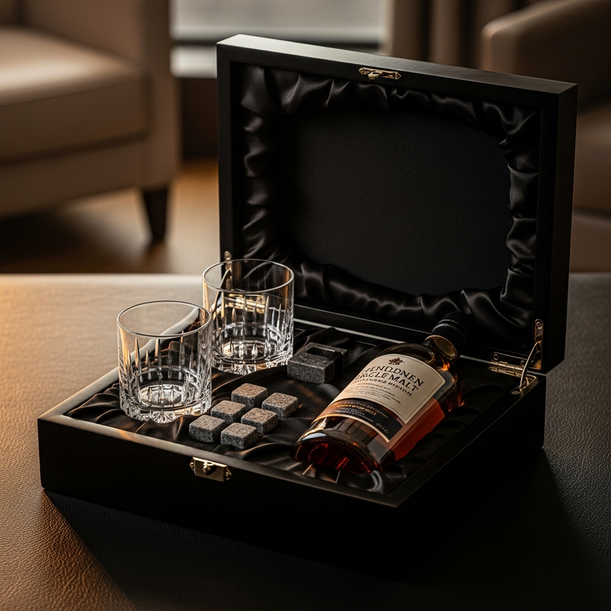 To illustrate a high-end 'executive appreciation gift' or 'client entertainment set', showcasing a complete, thoughtful gift package that goes beyond just a single bottle.
