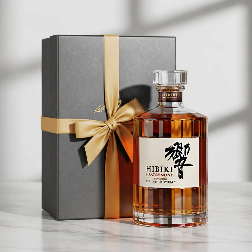To illustrate the concept of gifting japanese whisky, highlighting the hibiki japanese harmony bottle as an ideal and elegant gift choice for the malaysian market.