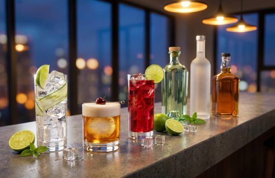 Home bar in Kuala Lumpur set with a gin and tonic, whisky sour and vodka cranberry, cocktail night at home