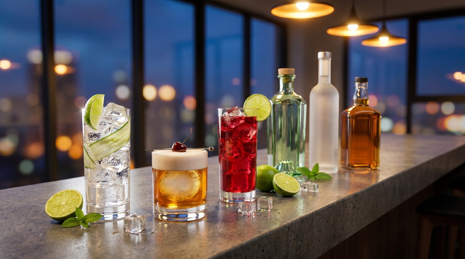 Home bar in kuala lumpur set with a gin and tonic, whisky sour and vodka cranberry, cocktail night at home