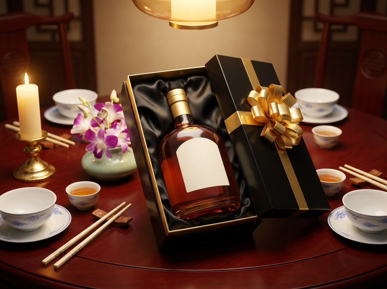 Premium spirit bottle in a gift box on a celebratory malaysian dinner table, cognac or whisky for gifting