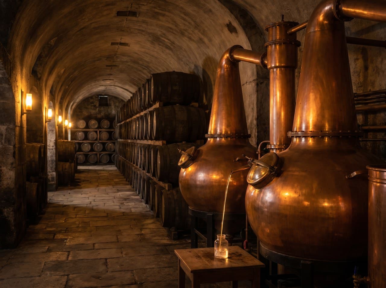 Copper pot still with spirit flowing in a distillery, how cognac and whisky are made