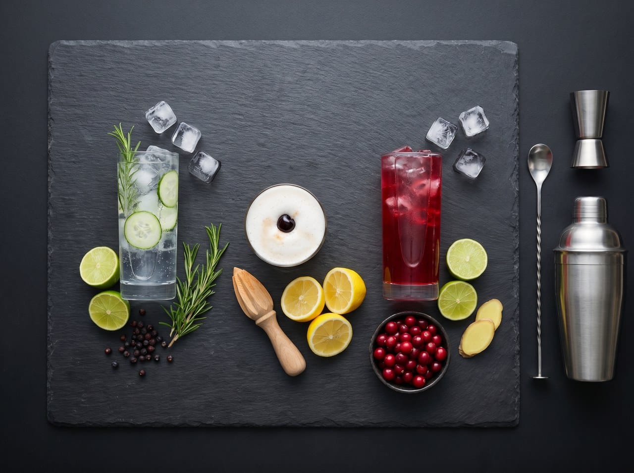Overhead flat lay of three easy cocktails with ingredients, gin and tonic, whisky sour and vodka cranberry