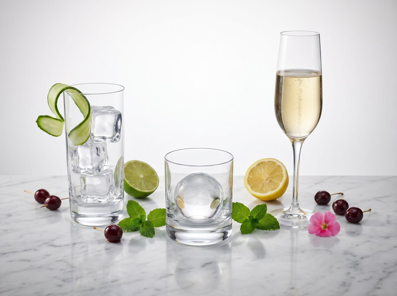 Highball, rocks glass and champagne flute with ice and garnishes on marble, cocktail glassware essentials