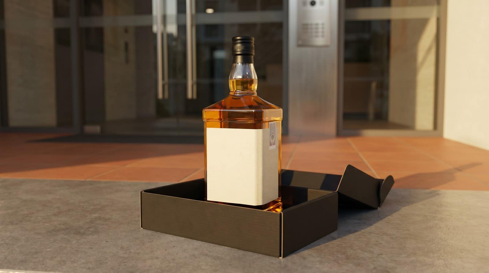 Sealed premium whisky bottle in a delivery box on a kuala lumpur doorstep, legal alcohol delivery in malaysia