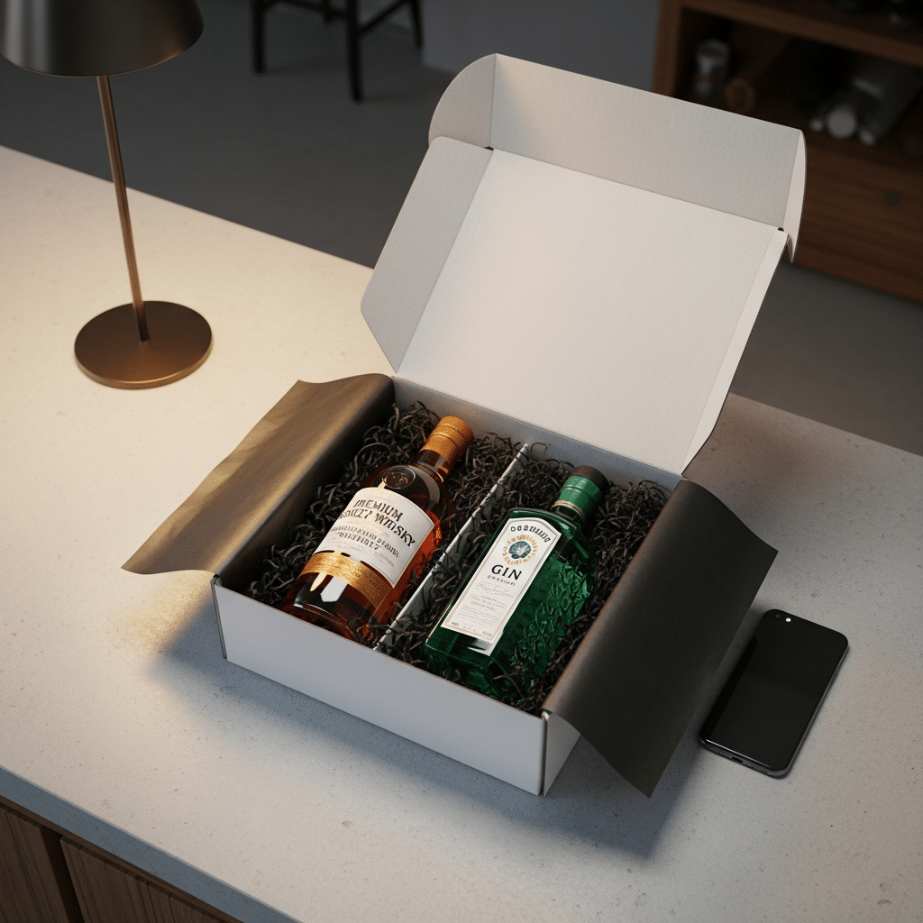 Premium spirit bottles packed in a delivery box for chow fast same-day liquor delivery in petaling jaya before 2pm cut-off