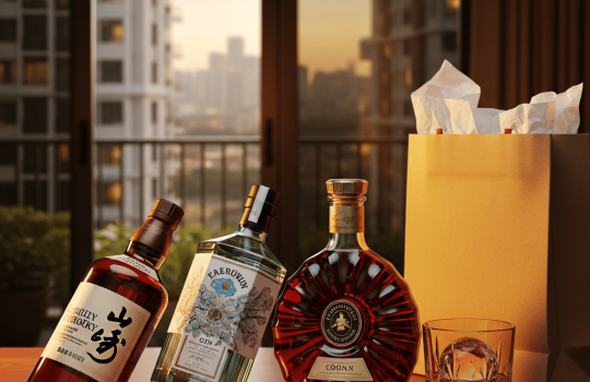 Premium whisky, gin, and cognac bottles arranged with crystal tumbler for same-day liquor delivery in Petaling Jaya